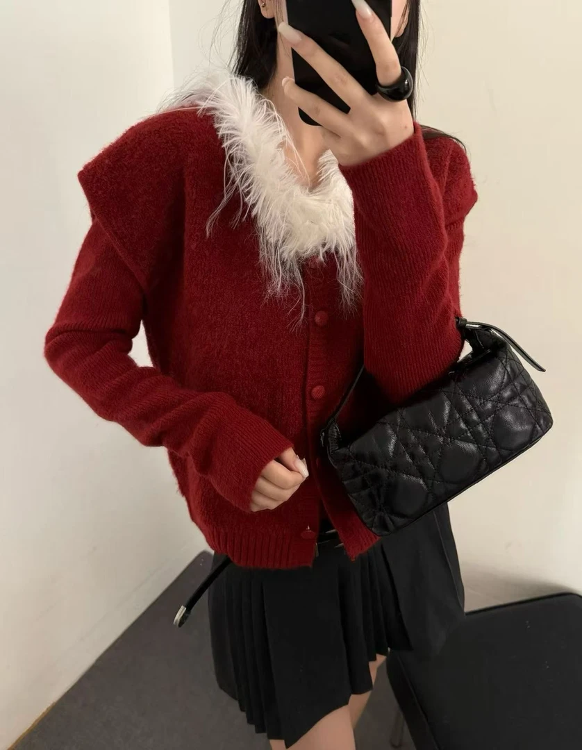 秋冬季复古圣诞V领毛毛边拼接针织衫毛衣慵懒氛围感上衣两件套女