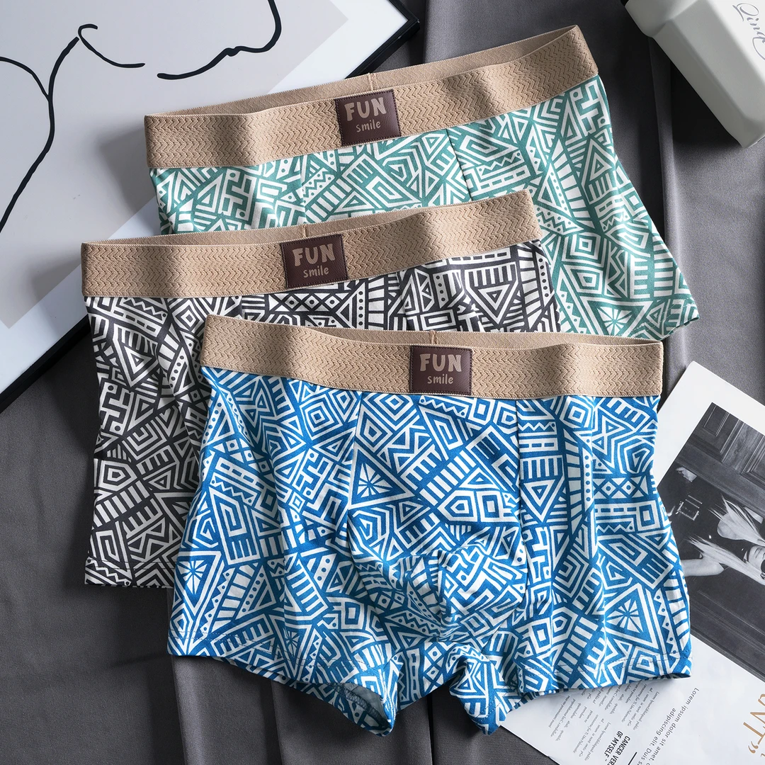 新款男士内裤棉质透气平角裤男款几何印花四角底裤男生宽松短裤头