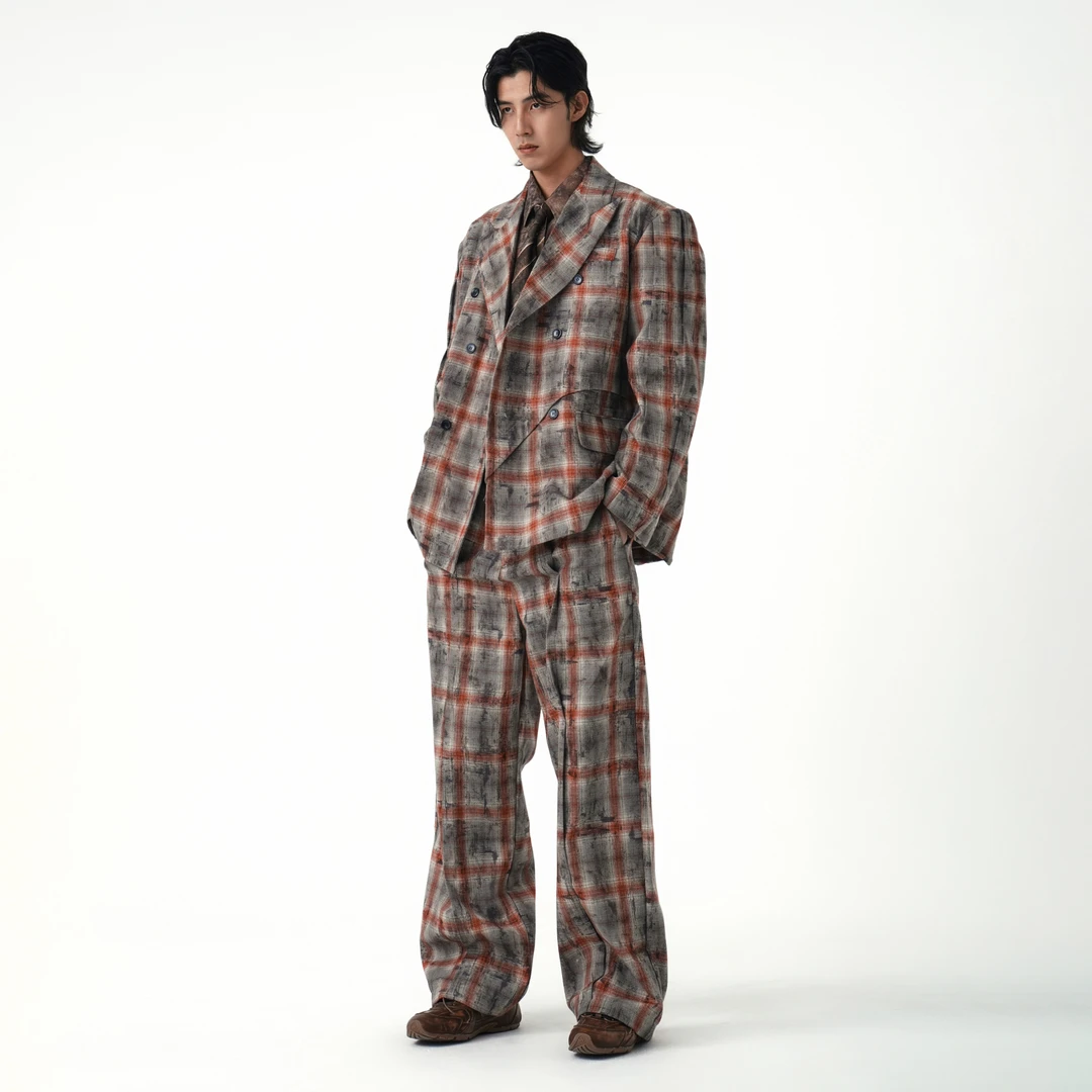 INTERLINKED春季休闲格子西服套装男高级感痞帅西装长裤直筒裤男