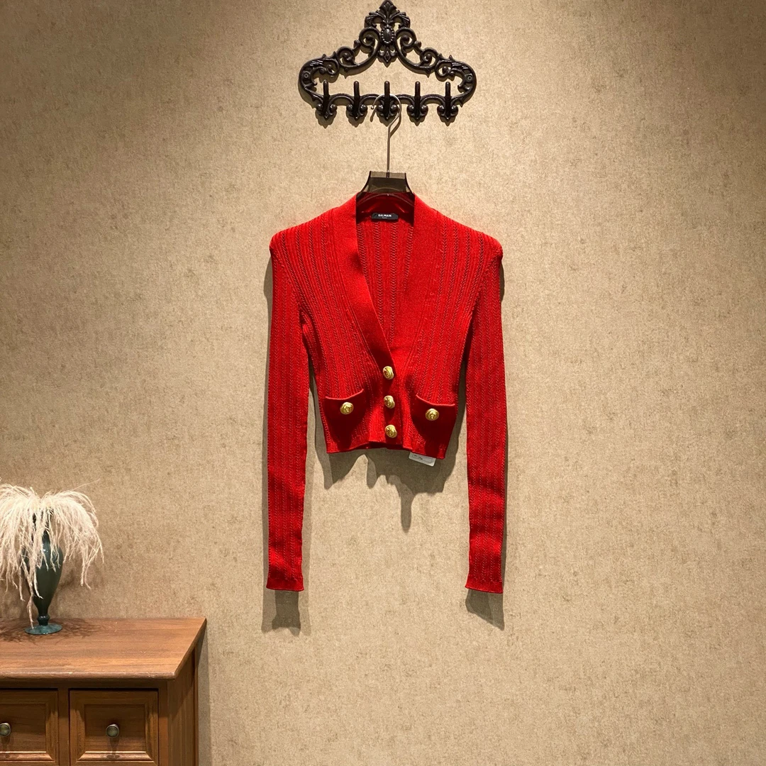 未使用 BALMAIN/巴尔曼 Balmain 红色金扣针织开衫/34码/39929