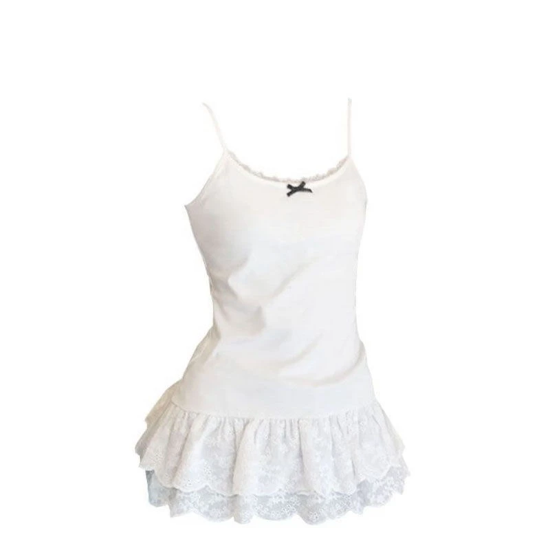 白色蝴蝶结吊带背心2025春季蕾丝花边下摆修身叠穿内搭小上衣