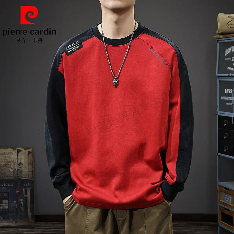 皮尔卡丹美式潮牌本命年红卫衣冬季保暖长袖恤拼接撞色打底衫男士