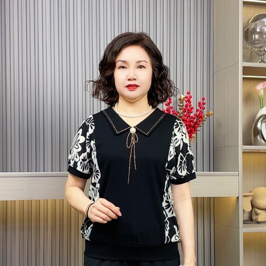 时尚常规拼接休闲式薄款中老年女装大码女装夏季中年小衫妈妈装