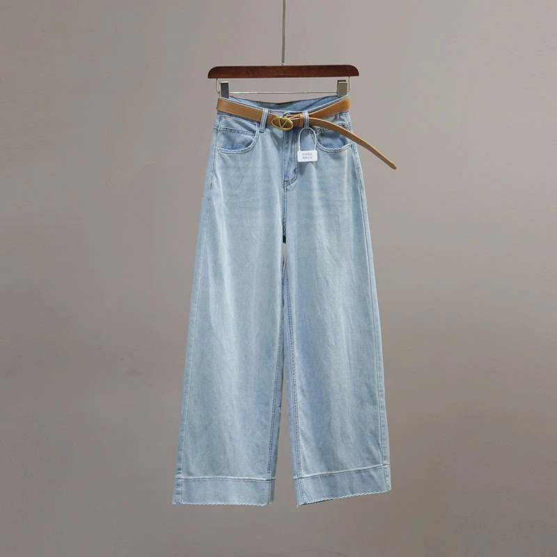 复古浅蓝色花边直筒牛仔裤女2025夏季新款高腰显瘦宽松休闲阔腿裤
