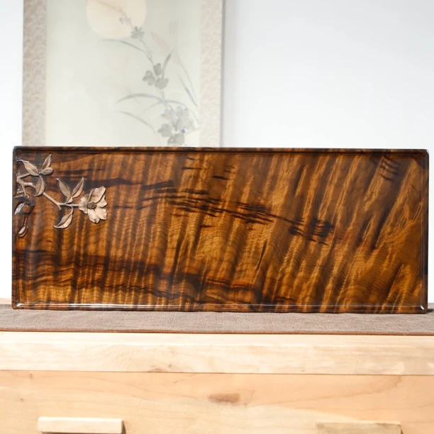 rongyi/蓉艺金丝楠阴沉木云水波纹精品茶花小品意境干泡盘摆件