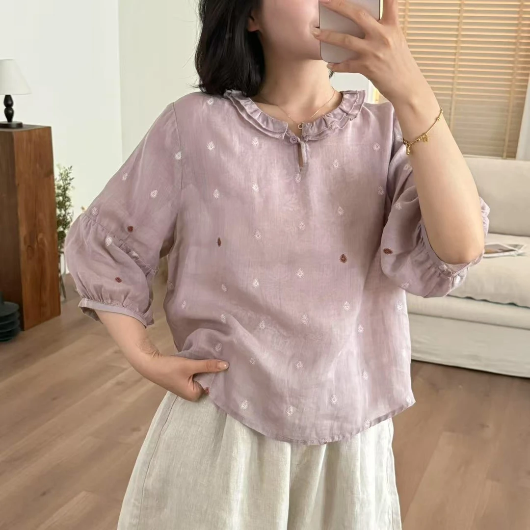 常樂家2025夏季新款纯苎麻圆领波点刺绣娃娃衫941