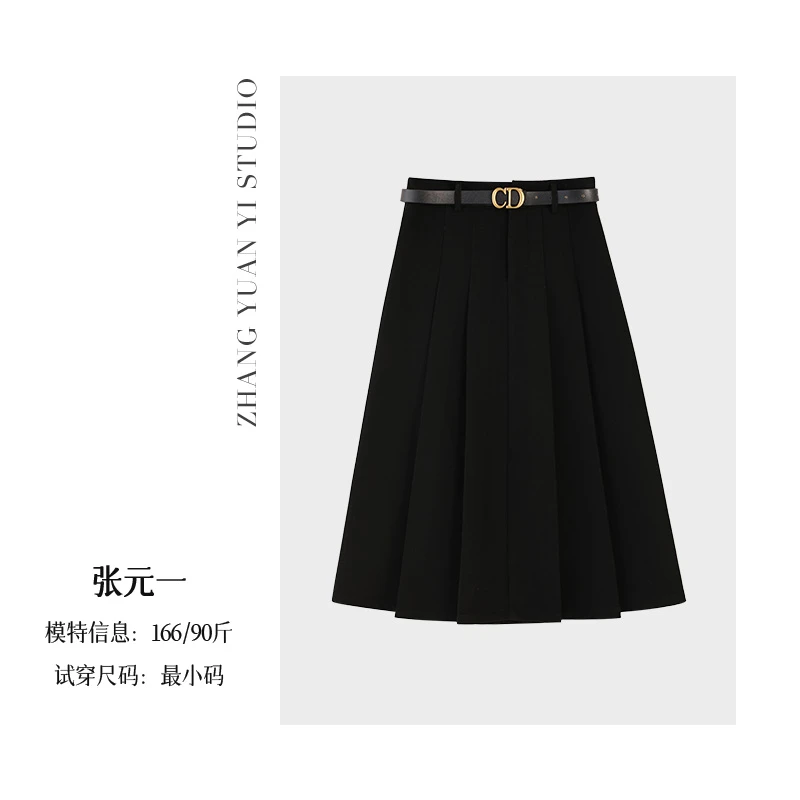 QC 含腰带百褶裙秋冬女a字中长半身裙新款 E524G17075