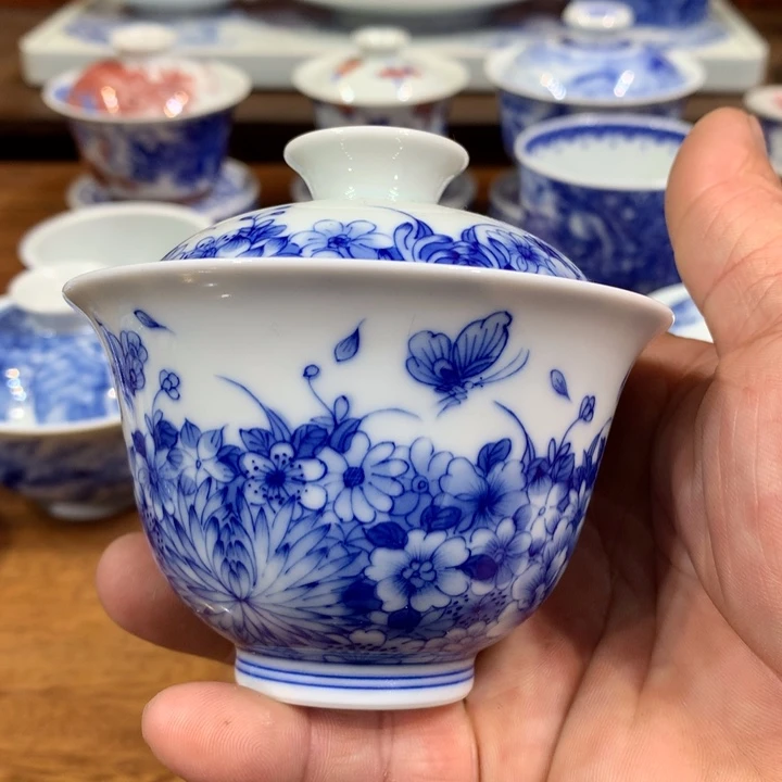 柴窑青花蝶恋花盖碗