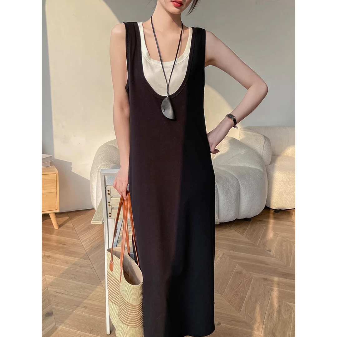 黑色吊带连衣裙女夏2025新款无袖显瘦宽松a字长款裙子背心两件套