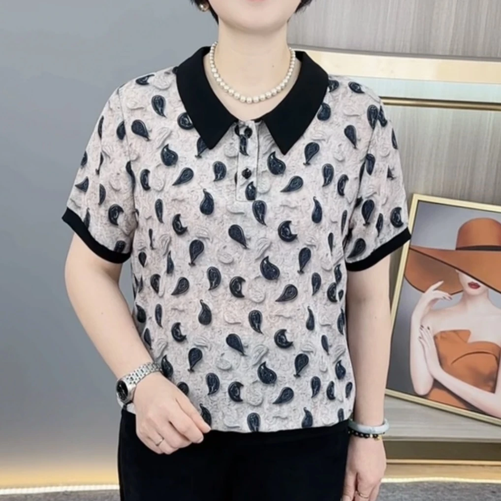 夏季新款时尚翻领印花气质妈妈装宽松显瘦休闲百搭短袖上衣H6210