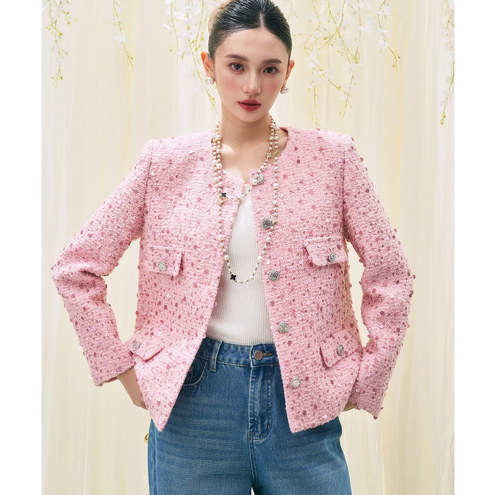 【盛都】25早春新款法式名媛粉色粗花呢羊毛亮片短小香风上衣外套