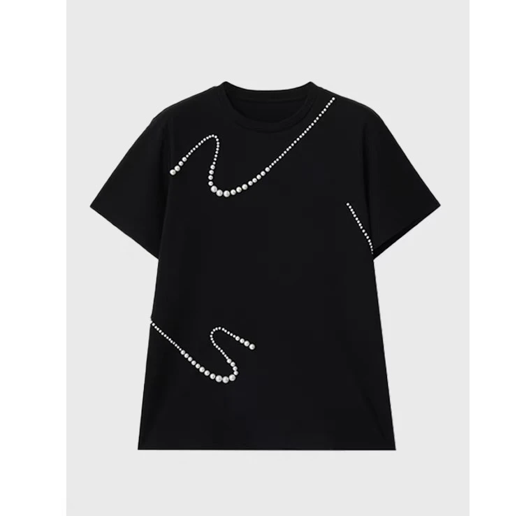 862纯棉夏季新款重工百搭显瘦订珠宽松短袖女士T恤