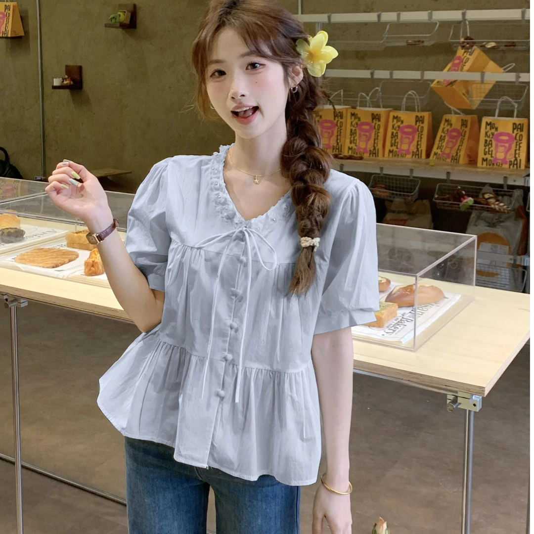 2025款韩系设计感小众木耳边圆领显瘦短袖衬衫女夏季新款百搭上衣