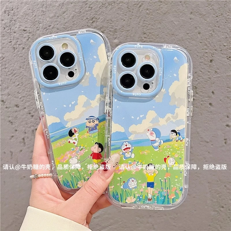 春游小新羽纱泡芙壳适用苹果16手机壳新款华为vivo小米15OPPO防摔