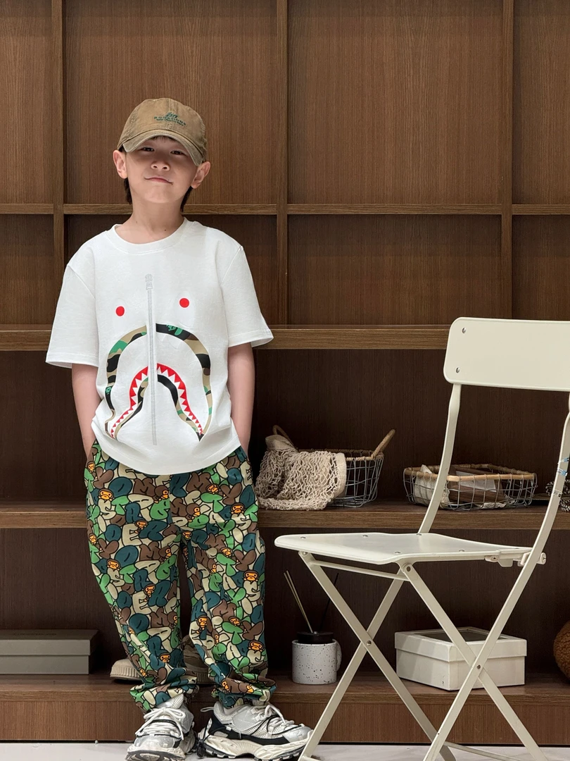 ◆芝麻家◆定制迷彩鲨鱼嘴 一家三口炸街纯棉潮牌亲子短袖T恤