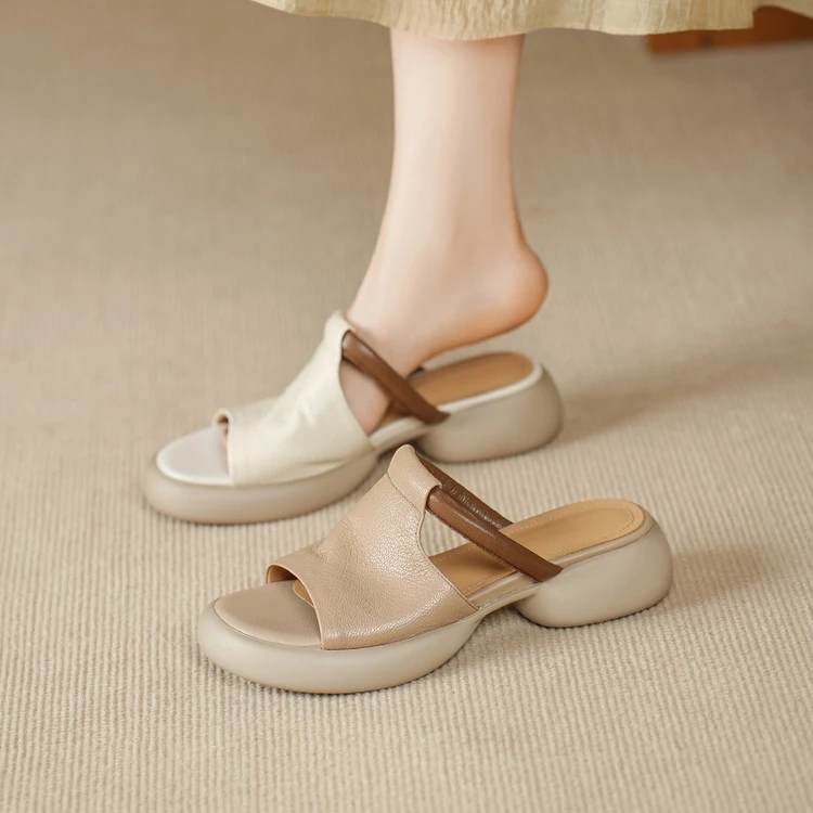 4CM 2025年夏季新厚底时尚百搭仙女风真皮休闲拖鞋外穿
