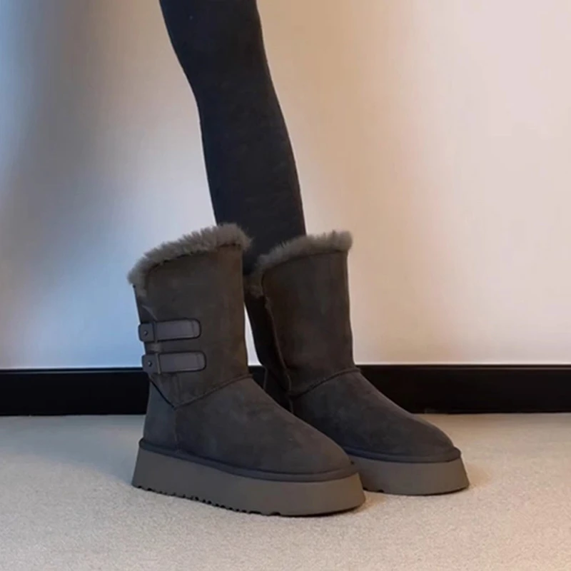 厚底皮带扣复古百搭雪地靴女2025秋冬新款加绒保暖毛毛鞋短靴棉靴