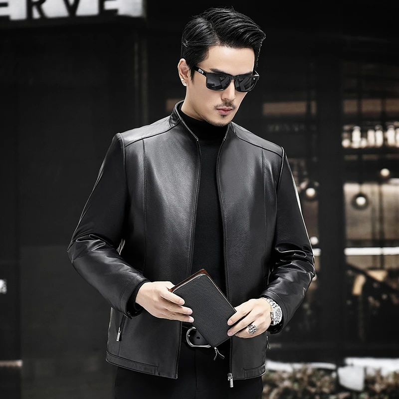 VBA 2352 YZX头层牛皮立领加厚白鸭绒修身海宁真皮皮衣男皮夹克