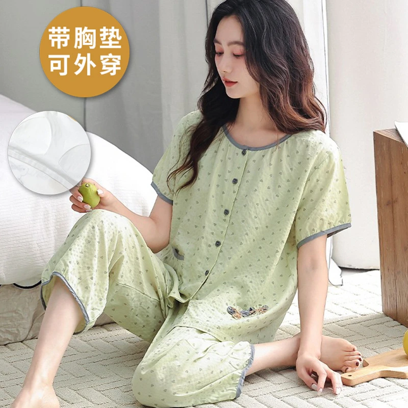 2025新款带胸垫睡衣女士夏季短袖七分裤两件套圆领开衫睡衣家居服