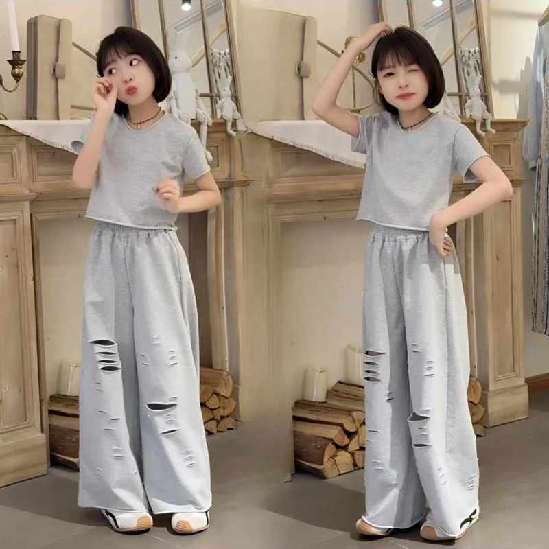 休闲运动套装女童夏季2025新款韩系短袖不规则破洞卷边直筒阔腿裤