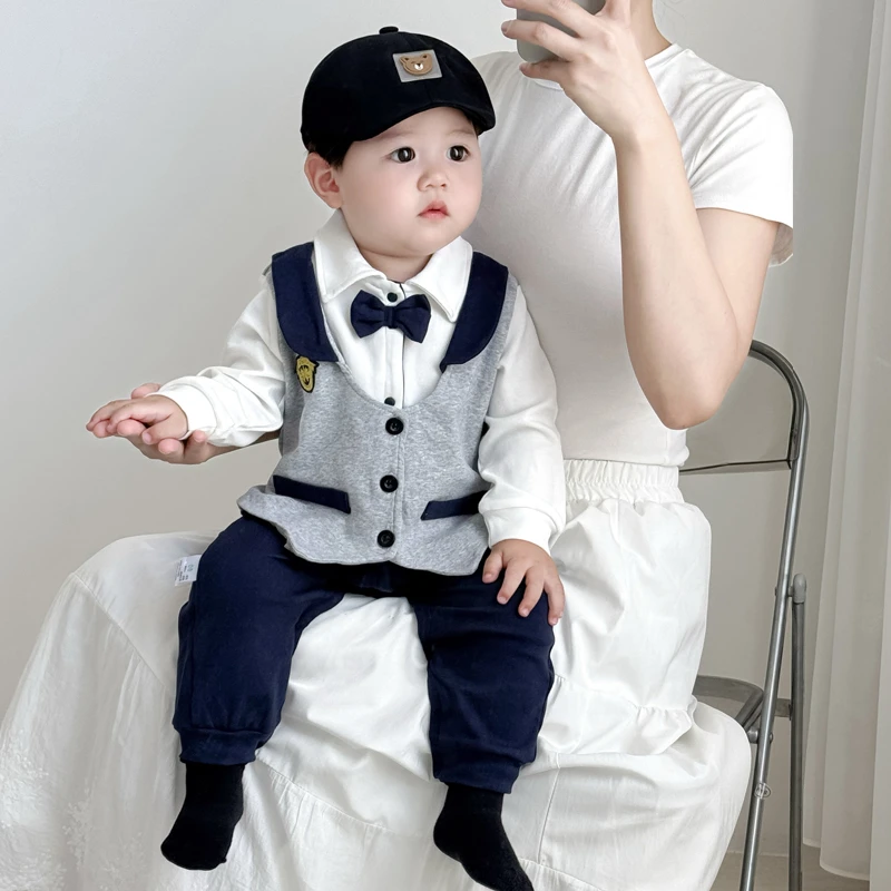 春秋款男宝宝衣服长袖薄款周岁宴新生婴儿满月百天西装秋季连体衣