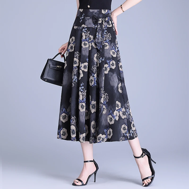 法式洋气醋酸缎面料印花百褶半身裙女2025夏季薄款高腰显瘦a字裙