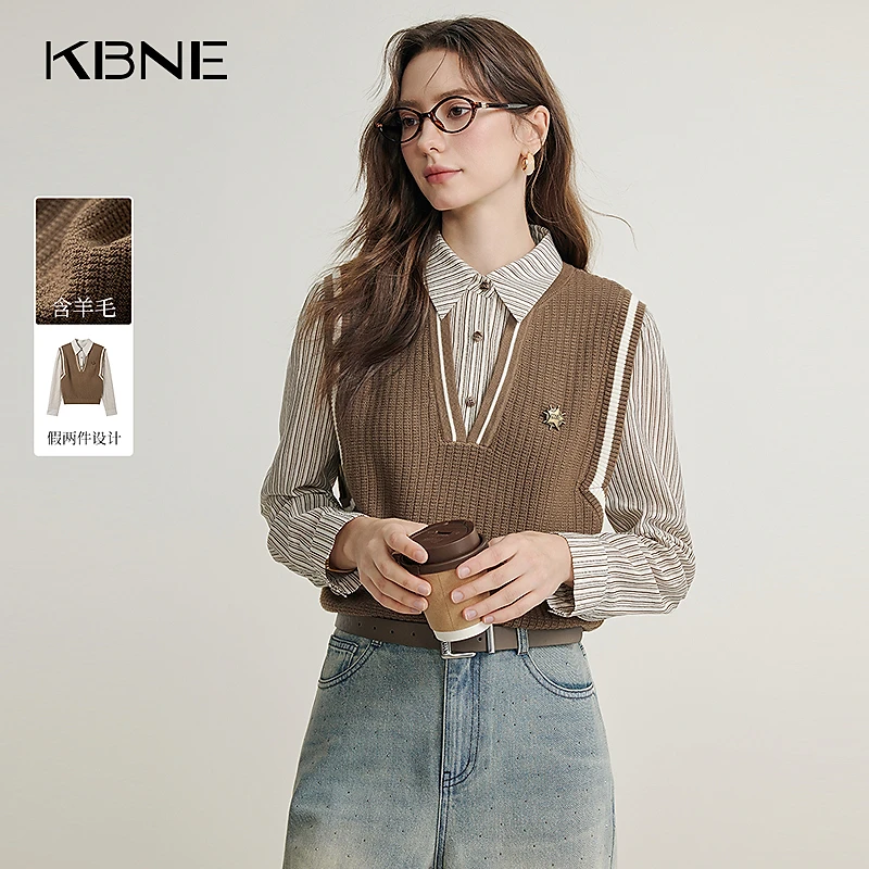 KBNE假两件针织衫女2025春季新款拼接衬衫复古设计感慵懒版上衣