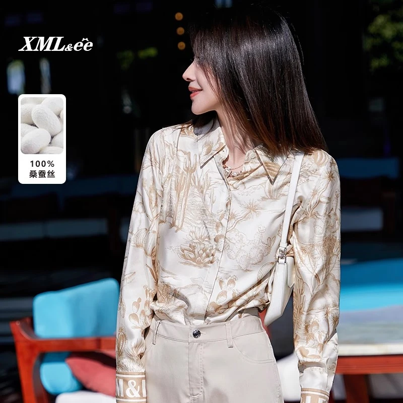 XMLee艾米尔 杏底印花100%桑蚕丝国风长袖衬衫 X312C2023