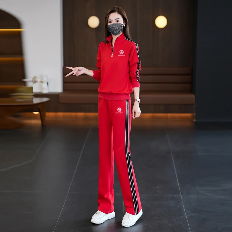 杨丽萍广场舞服装秋冬长袖立领红色运动服健身曳步舞直筒裤舞蹈服