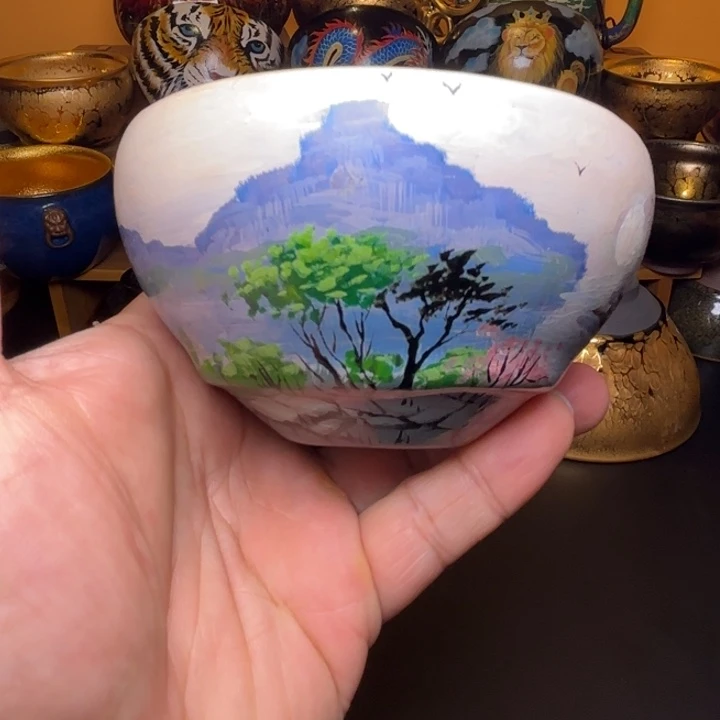 茶盏寒江孤影大漆手绘