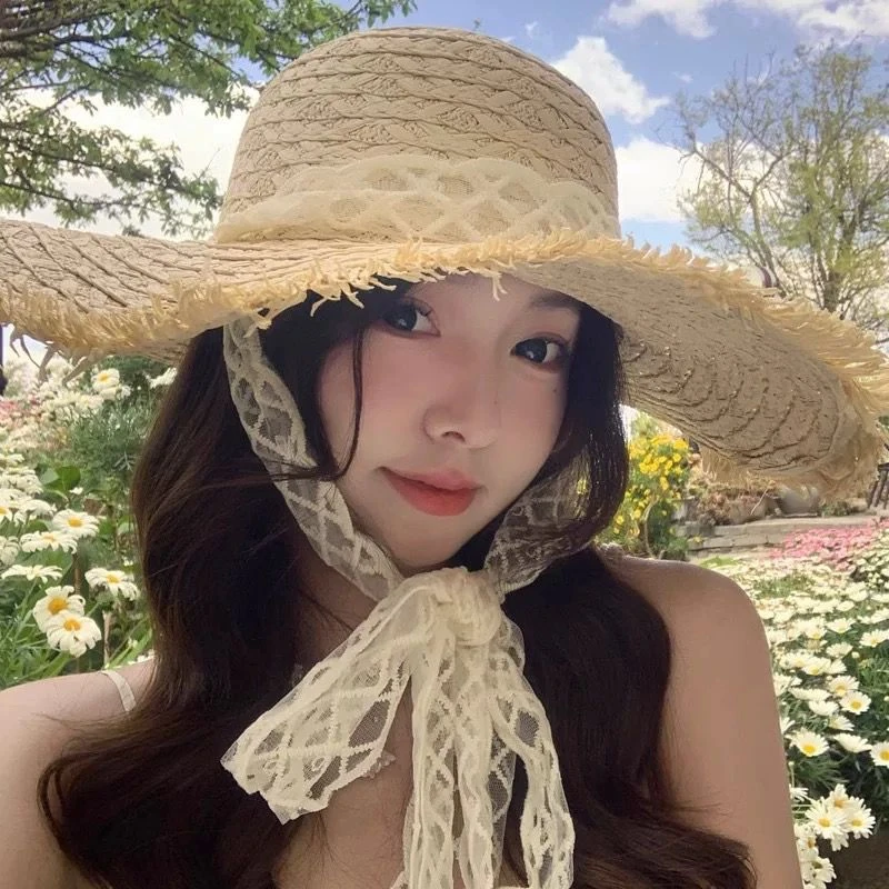 蕾丝系带编织草帽女夏季出游大帽檐防晒遮阳帽海边防紫外线沙滩帽