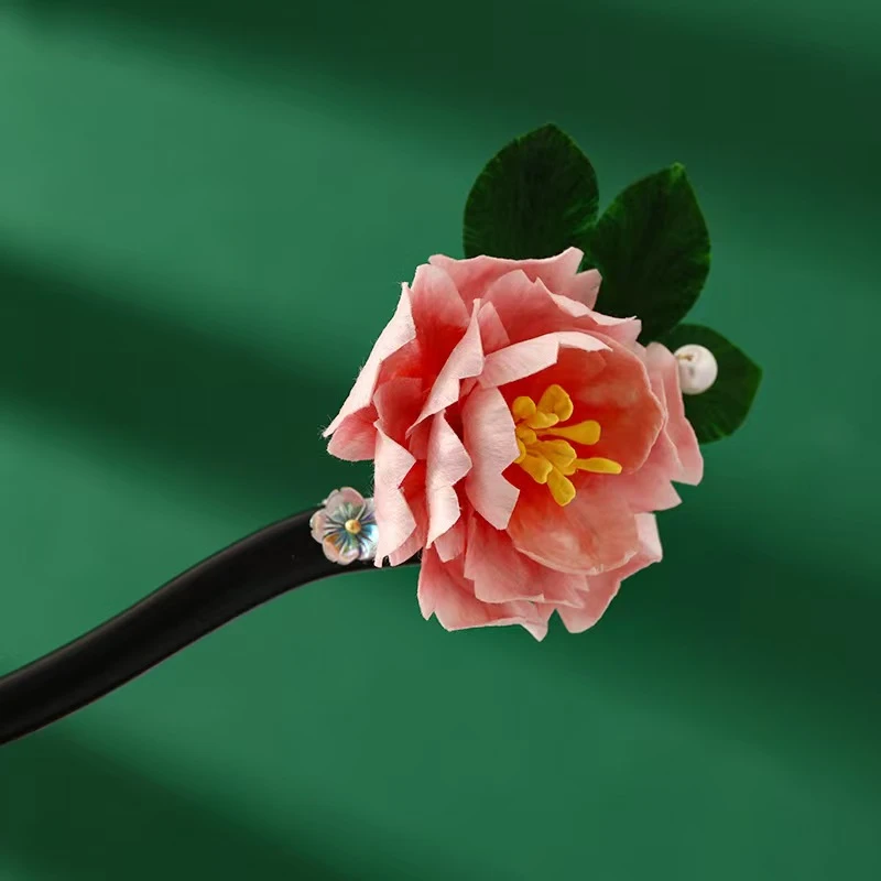 93 粉色牡丹发簪掐丝非遗绒花蚕丝点翠流苏檀木柄发簪日常百搭