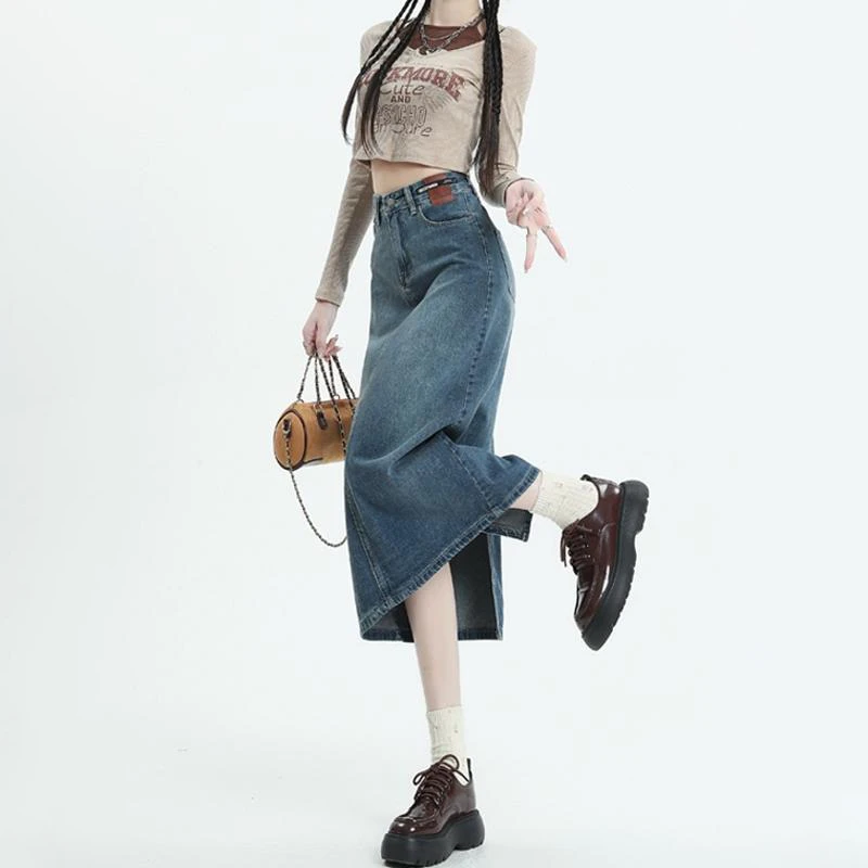 牛仔裙女早秋新款小众气质高腰开叉显瘦小个子中长款牛仔裙半身裙