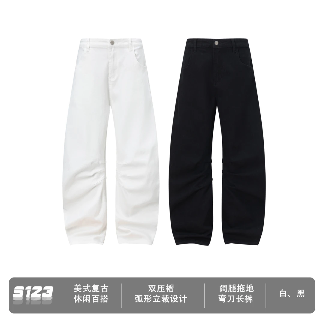 S123【巴黎弯刀白牛】 夏季25SS新品 美式设计感褶皱薄款休闲牛仔裤