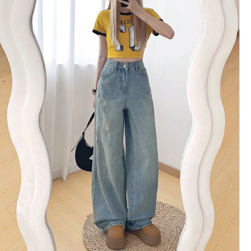 浅蓝阔腿牛仔裤女2025夏季新款破洞设计感宽松显瘦垂感直筒拖地裤