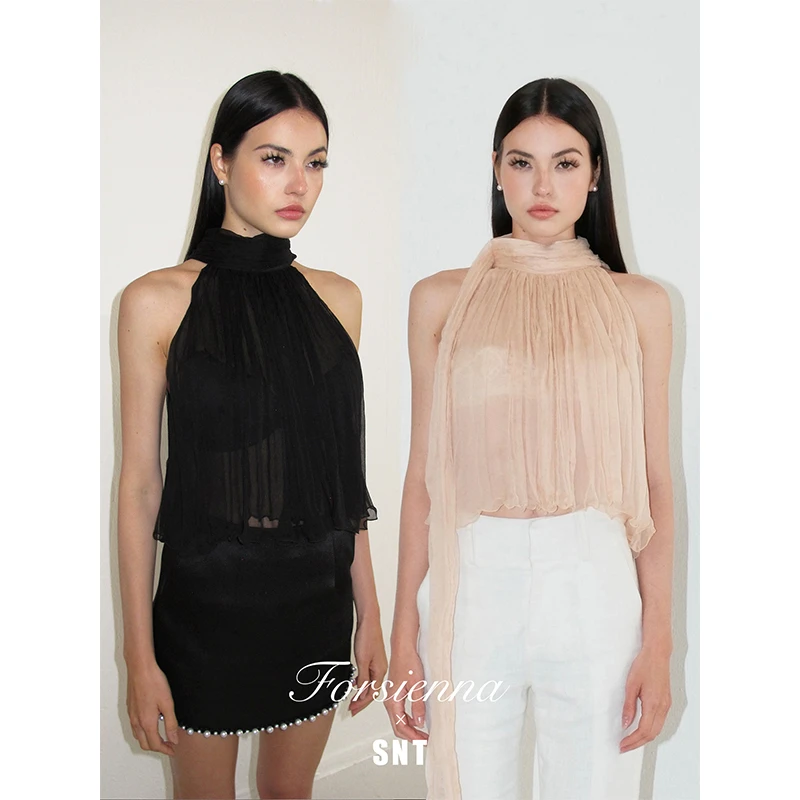 SNT 杏粉/黑色 100%真丝真丝顺纡皱挂脖挖肩飘带上衣