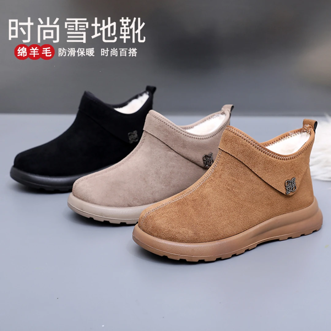 绵羊毛雪地靴女款2025新款冬季勃肯短靴加绒加厚棉靴一脚蹬棉鞋