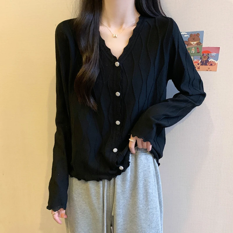 实拍 2024年早秋装大码女装胖妹妹显瘦针织衫波浪V领开衫减龄上衣