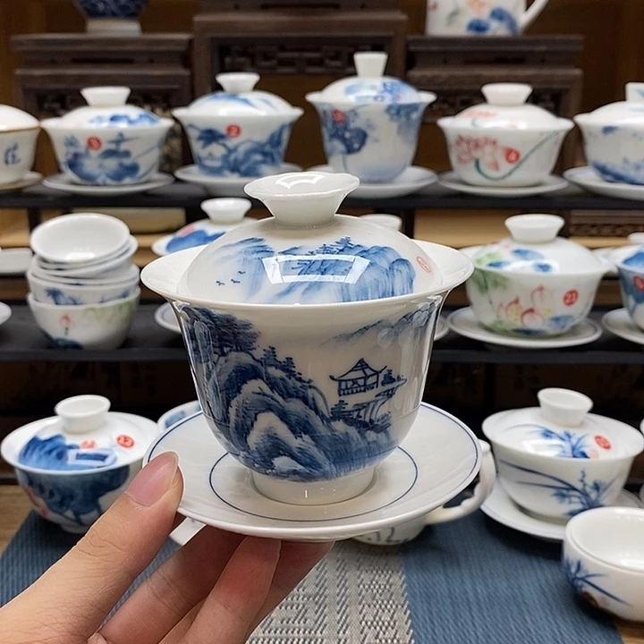手绘山水160盖碗釉下彩微瑕福利