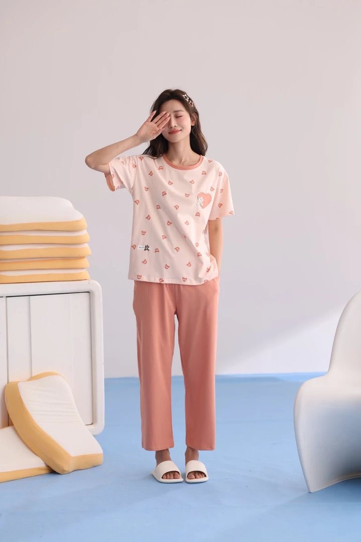 1638夏季薄款莱卡棉女九分裤短袖家居服睡衣时尚舒适休闲