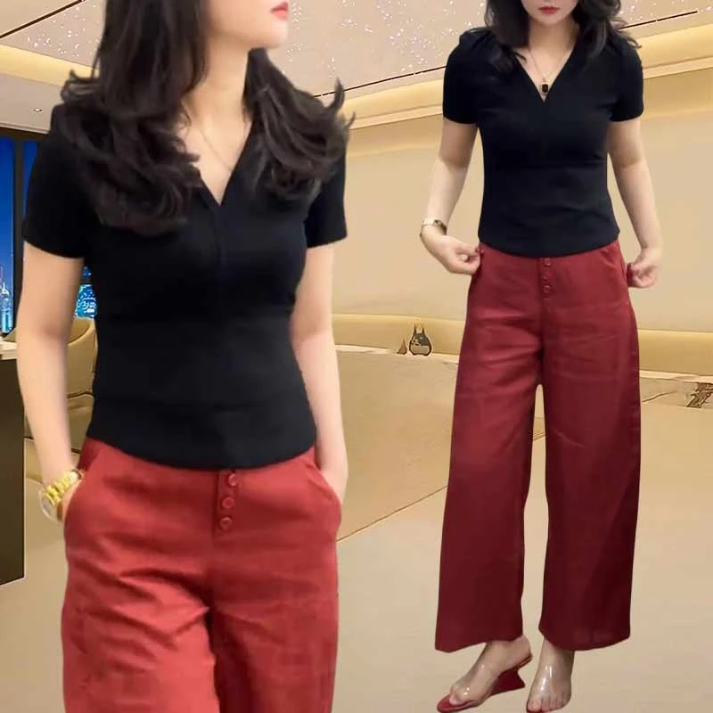 静奢风V领短袖T恤阔腿裤两件套2025年夏季新款阔太太时髦女装套装