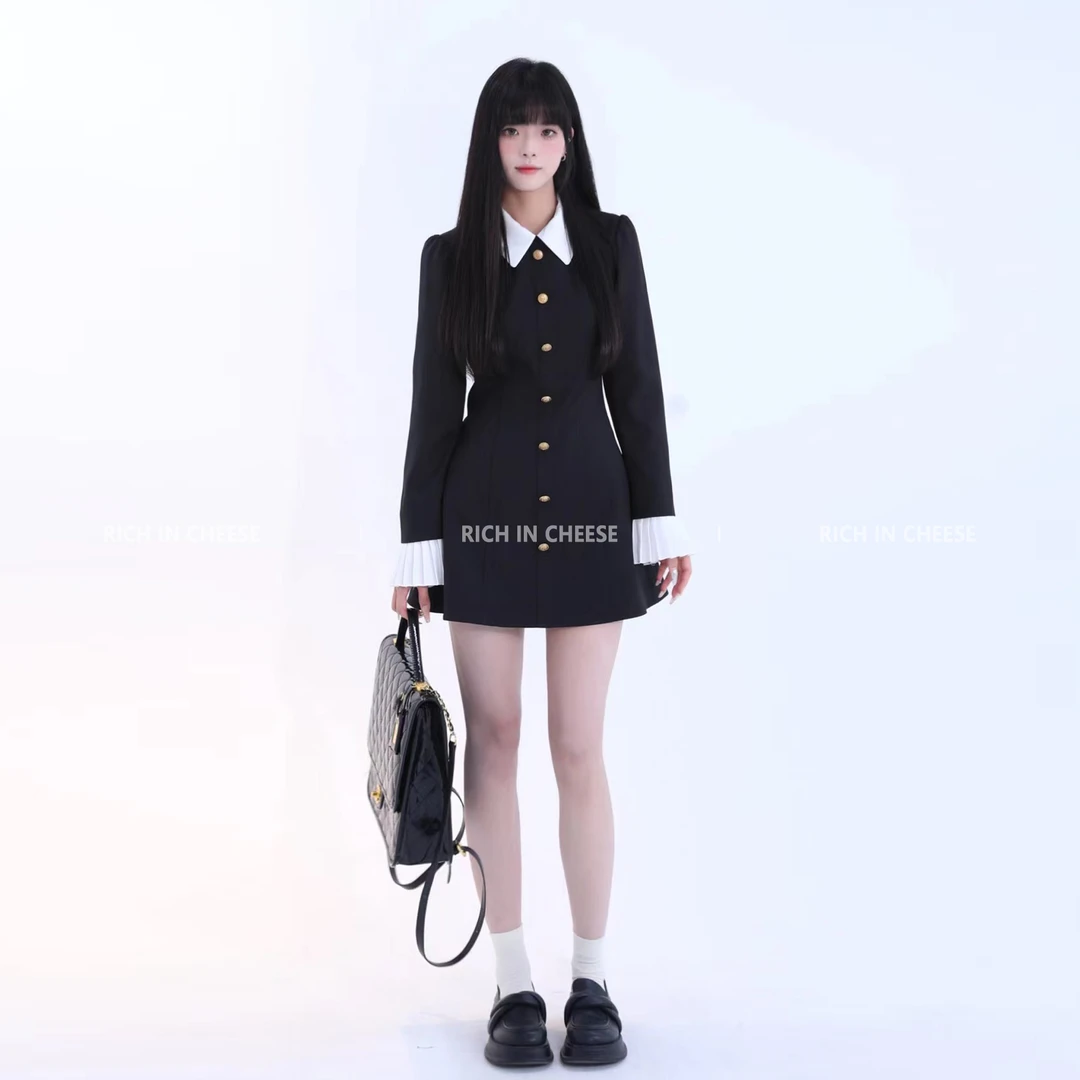 RICHINCHEESE 巴黎夜未晚 秋冬气质赫本风娃娃领设计收腰连衣裙