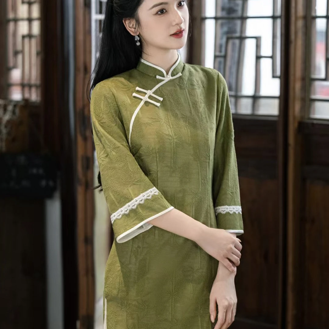春夏日常旗袍立领常规袖少女春秋七分袖优雅气质显白显瘦绿色新款