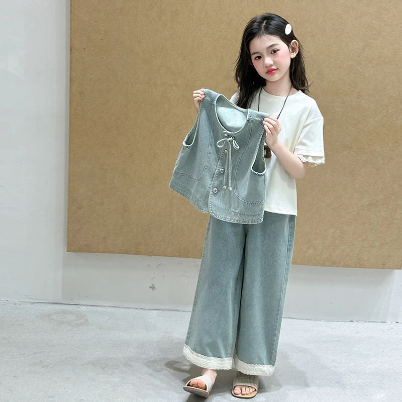 春装洋气儿童衣服春秋新款爆款童装牛仔三件套套装女童韩版阔腿宽