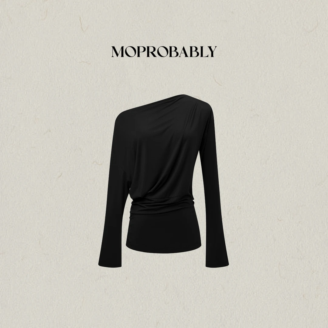 Moprobably李予诺「韵芝」"莫代尔"时尚气质斜肩长袖T恤L5347090