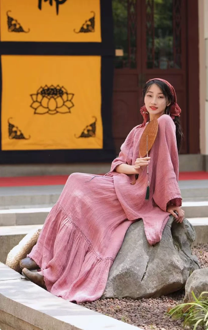 静一棉麻【衔春信】高定粗麻多手工圆领上下套装春游出行衣服