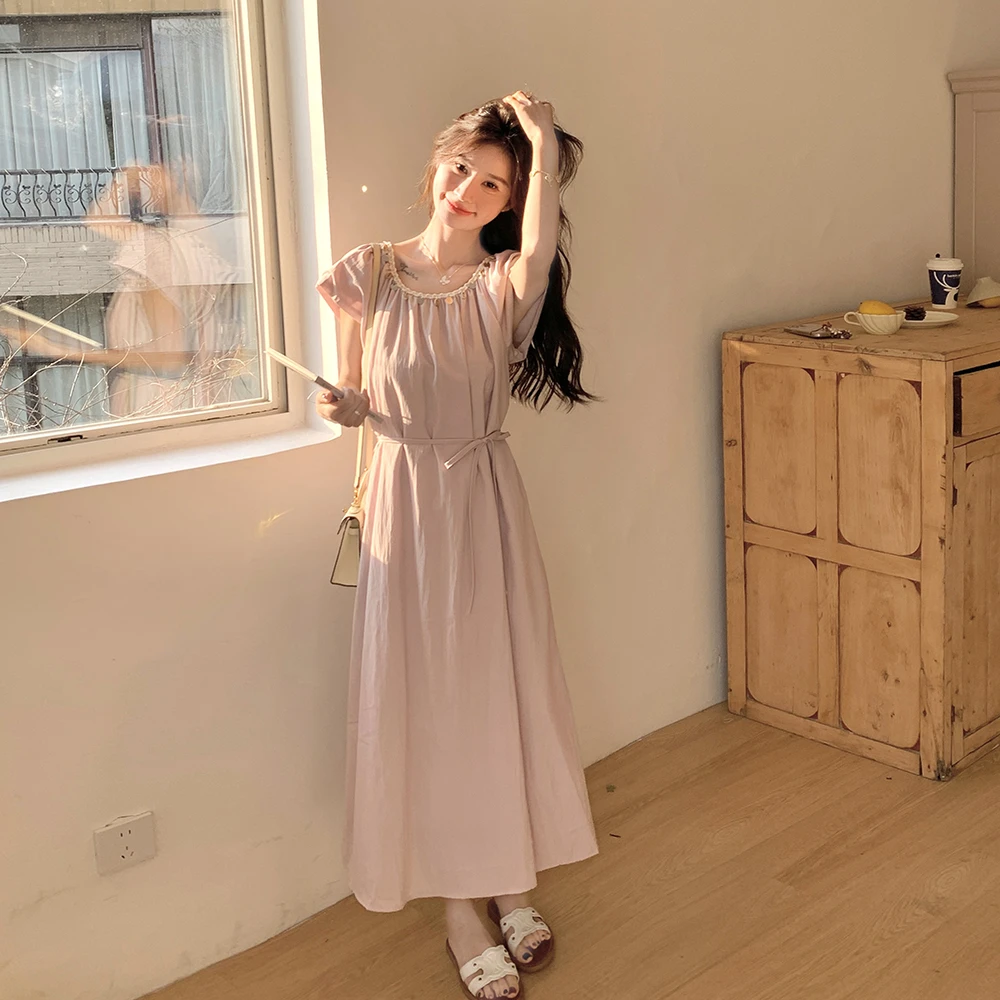 2025韩国东大门夏季新款系带收腰纯色垂感露背连衣裙度假风长裙子
