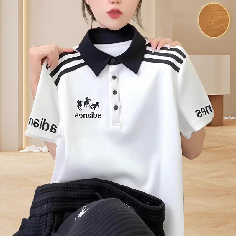 纯棉小狗刺绣Polo领短袖女t恤2025夏季学院风条纹百搭休闲上衣ins