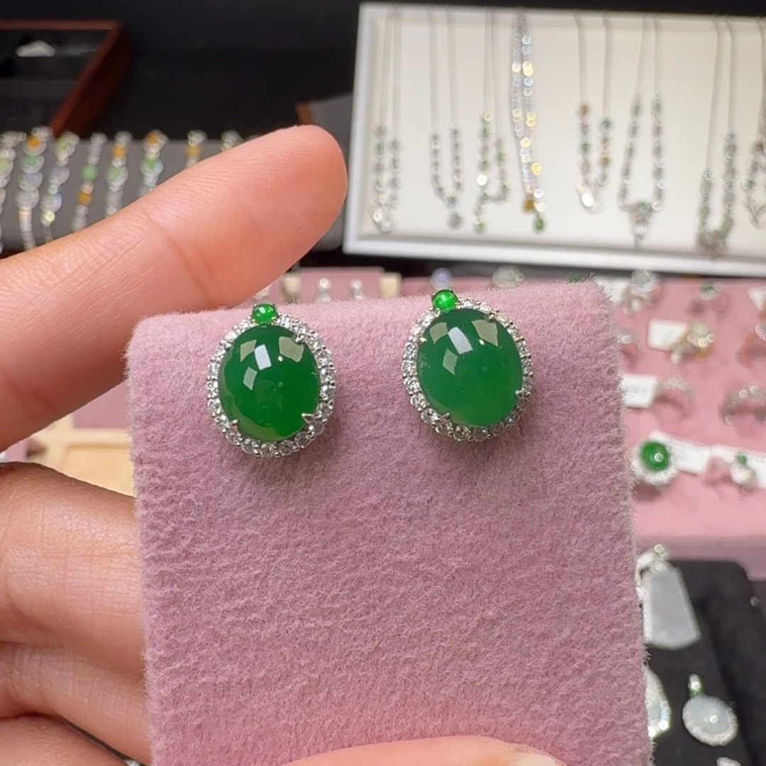 翡翠18K金镶嵌耳饰纯天然缅甸翡翠A货耳钉