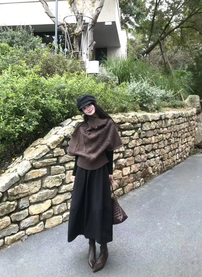 2025秋冬新款宽松慵懒风叠穿高领套头麻花毛衣配高腰半身裙两件套